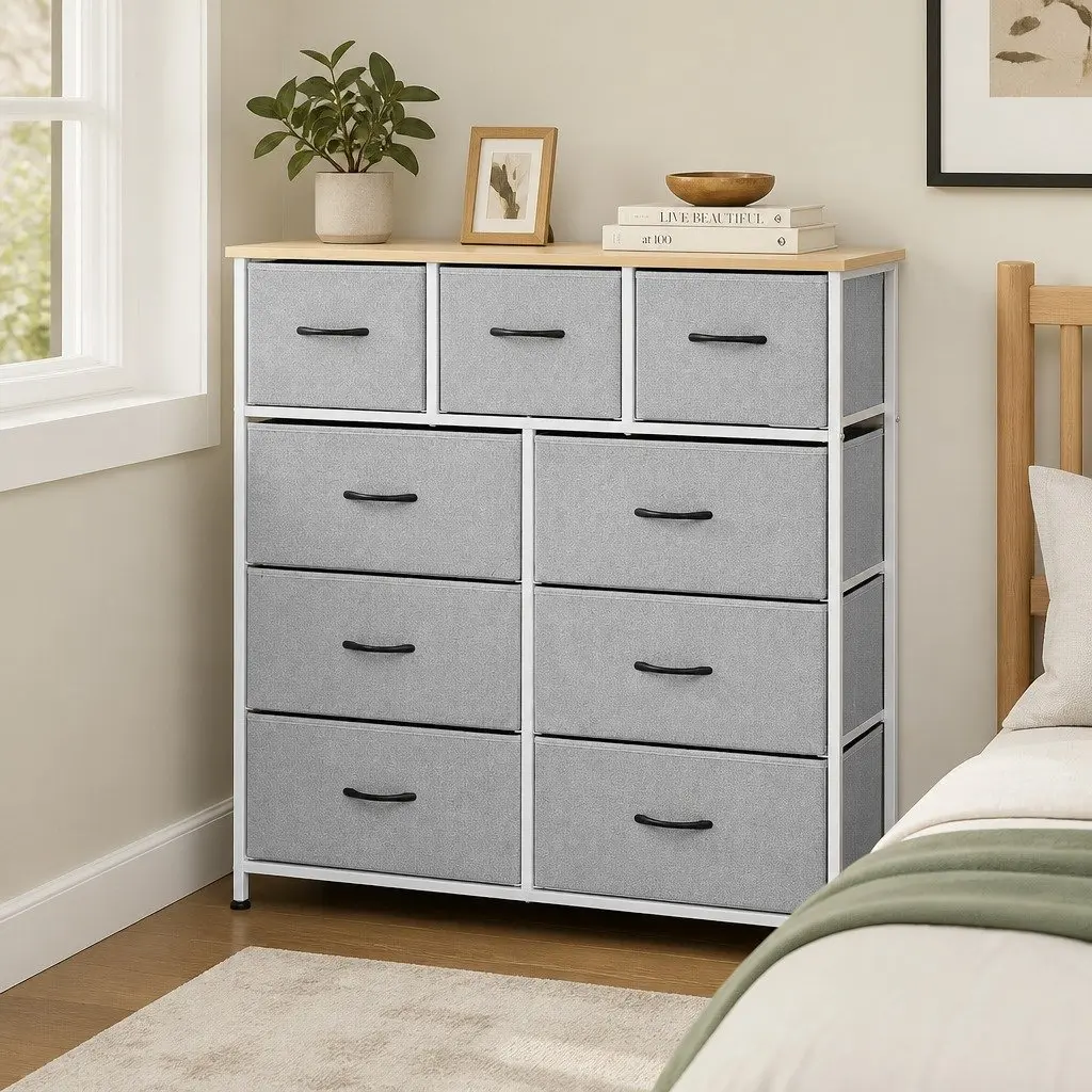 Chest of Drawers Bedroom 9 Drawer Tallboy Storage Cabinet Light Grey