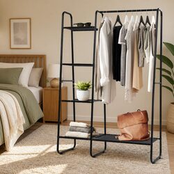 Black Metal Clothes Rack Specifications: 150cm with Shelves