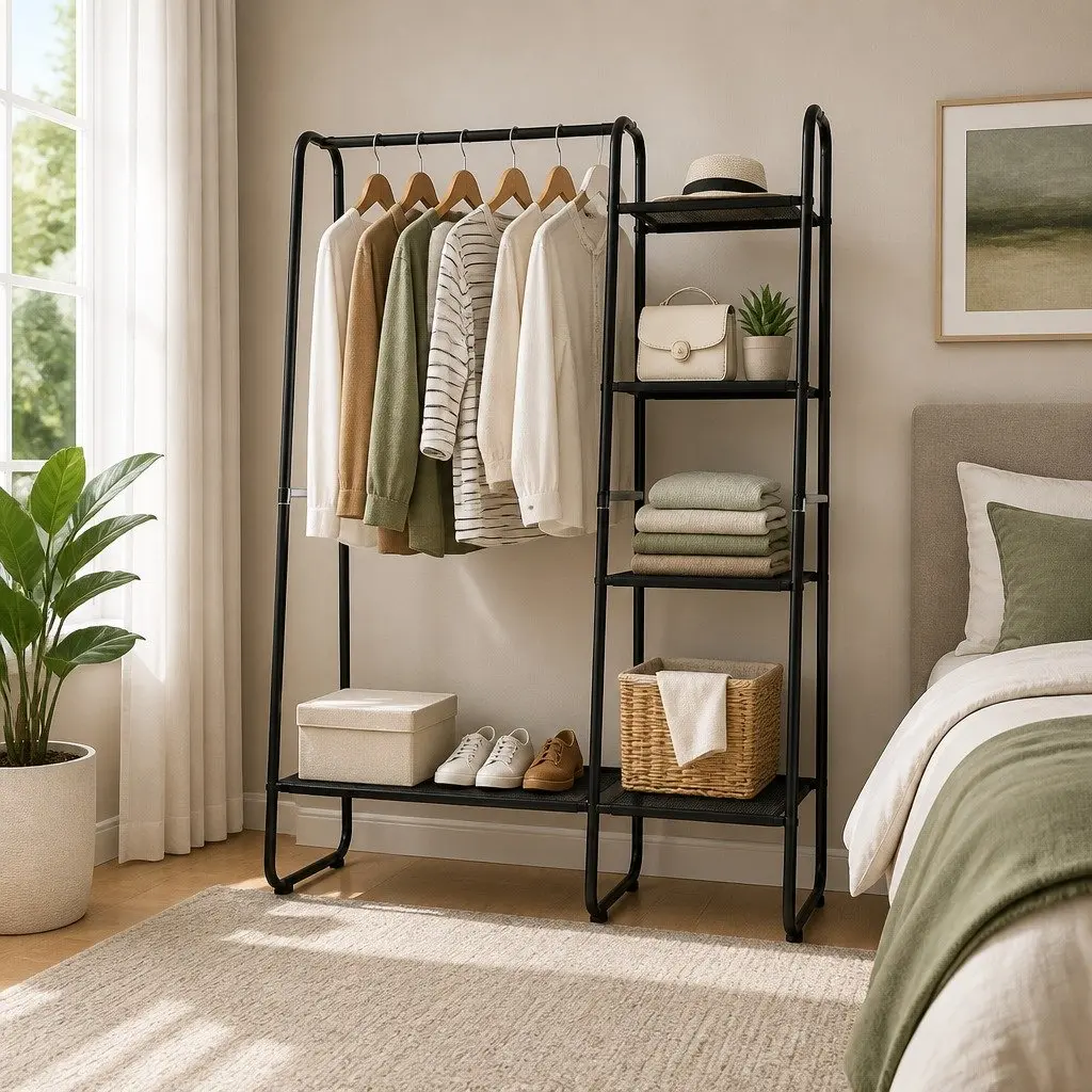 Metal Clothes Rack with Shelves Coat Stand Storage Organizer 150cm Black