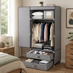 Large Grey Portable Wardrobe: 75x42x160cm, 10kg Capacity