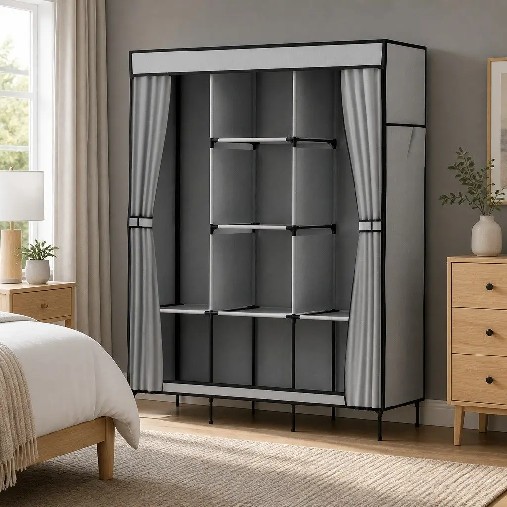 Large Portable Wardrobe Closet with Shelves Grey Storage Cabinet Organiser