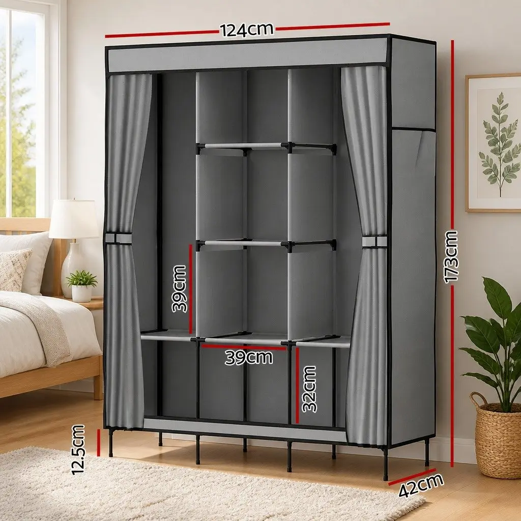 Large Portable Wardrobe Closet with Shelves Grey Storage Cabinet Organiser