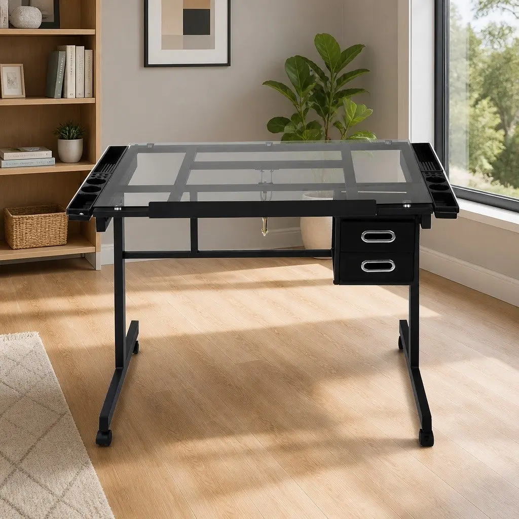 Drawing Desk with Adjustable Glass Top and Steel Frame