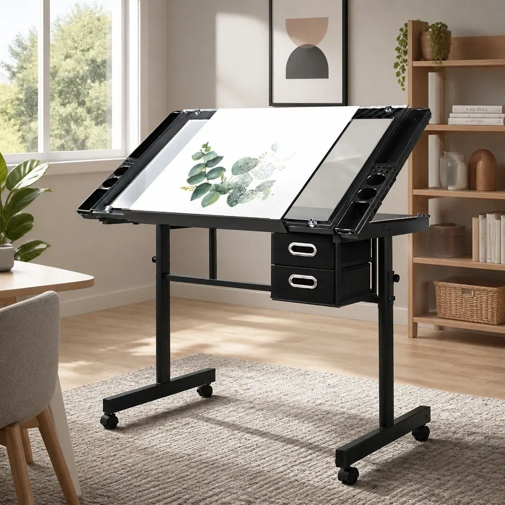 Drawing Desk with Adjustable Glass Top and Steel Frame