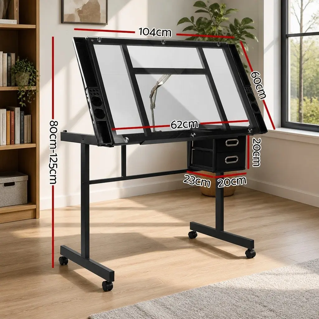Drawing Desk with Adjustable Glass Top and Steel Frame