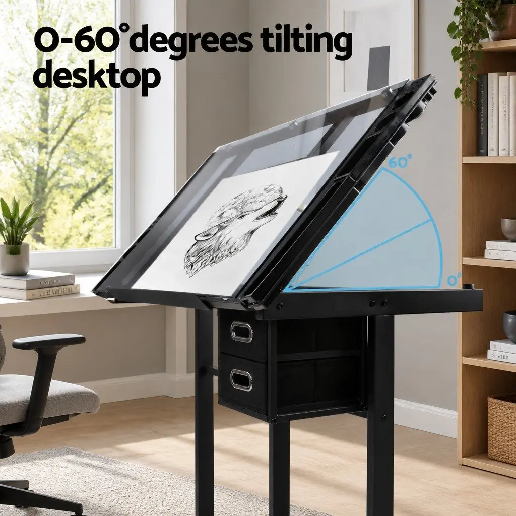 Drawing Desk with Adjustable Glass Top and Steel Frame