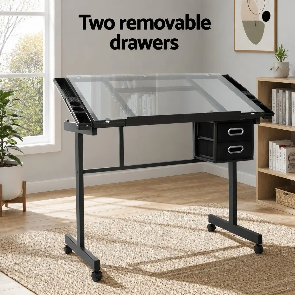 Drawing Desk with Adjustable Glass Top and Steel Frame
