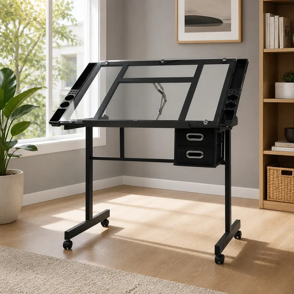 Drawing Desk with Adjustable Glass Top and Steel Frame