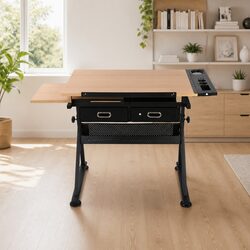 Drafting Table Drawing Desk with Adjustable Tilt Top Stool Set Natural Black