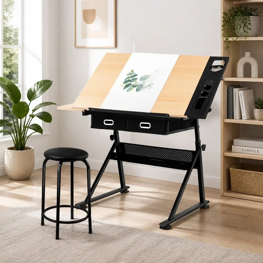 Drafting Table Drawing Desk for Office with Adjustable Tilt Top and Stool Set Natural Black