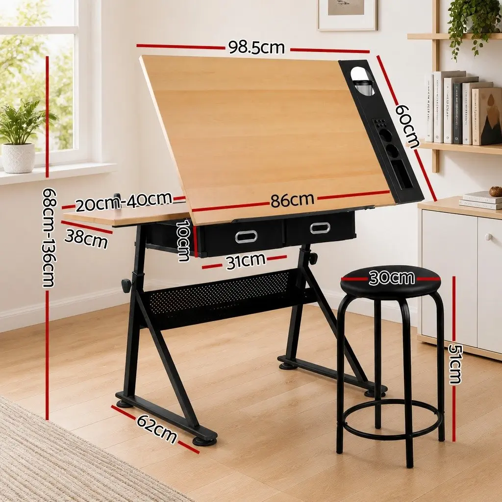 Drafting Table Drawing Desk for Office with Adjustable Tilt Top and Stool Set Natural Black