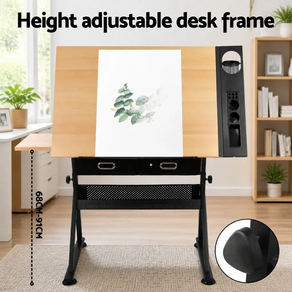 Drafting Table Drawing Desk for Office with Adjustable Tilt Top and Stool Set Natural Black