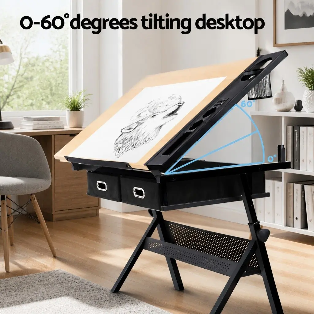 Drafting Table Drawing Desk for Office with Adjustable Tilt Top and Stool Set Natural Black