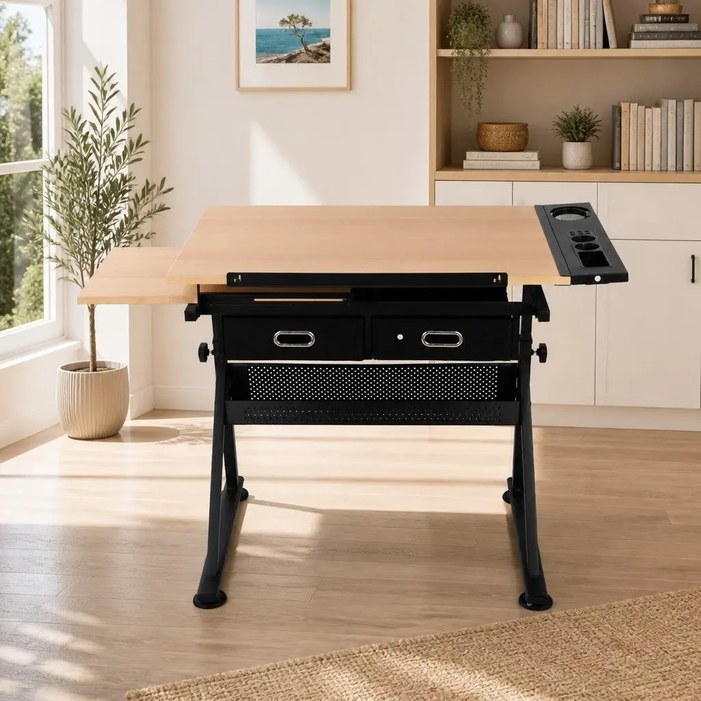 Drafting Table Drawing Desk for Office with Adjustable Tilt Top and Stool Set Natural Black