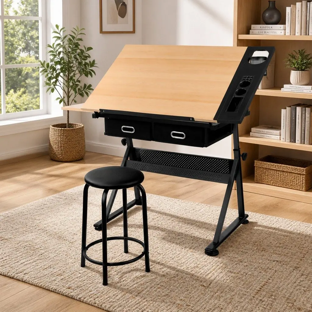 Drafting Table Drawing Desk for Office with Adjustable Tilt Top and Stool Set Natural Black