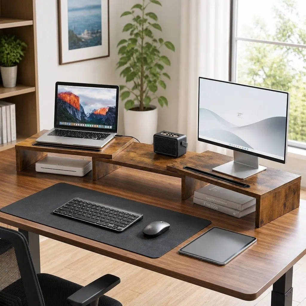 Dual Monitor Stand Riser in Brown