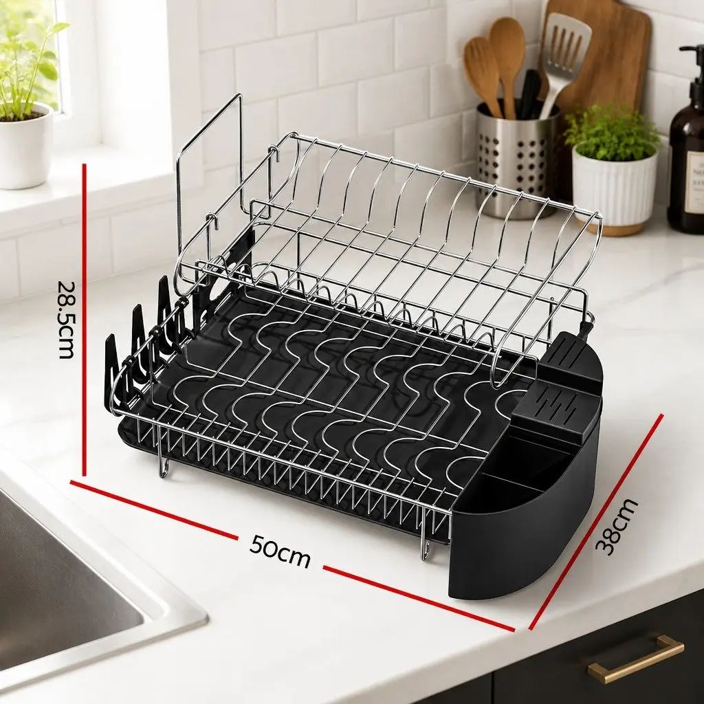 2-Tier Dish Rack Drying Drainer with Cutlery Tray Cup Holder Kitchen Organiser