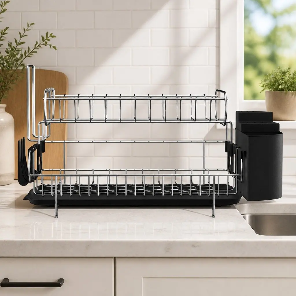 2-Tier Dish Rack Drying Drainer with Cutlery Tray Cup Holder Kitchen Organiser