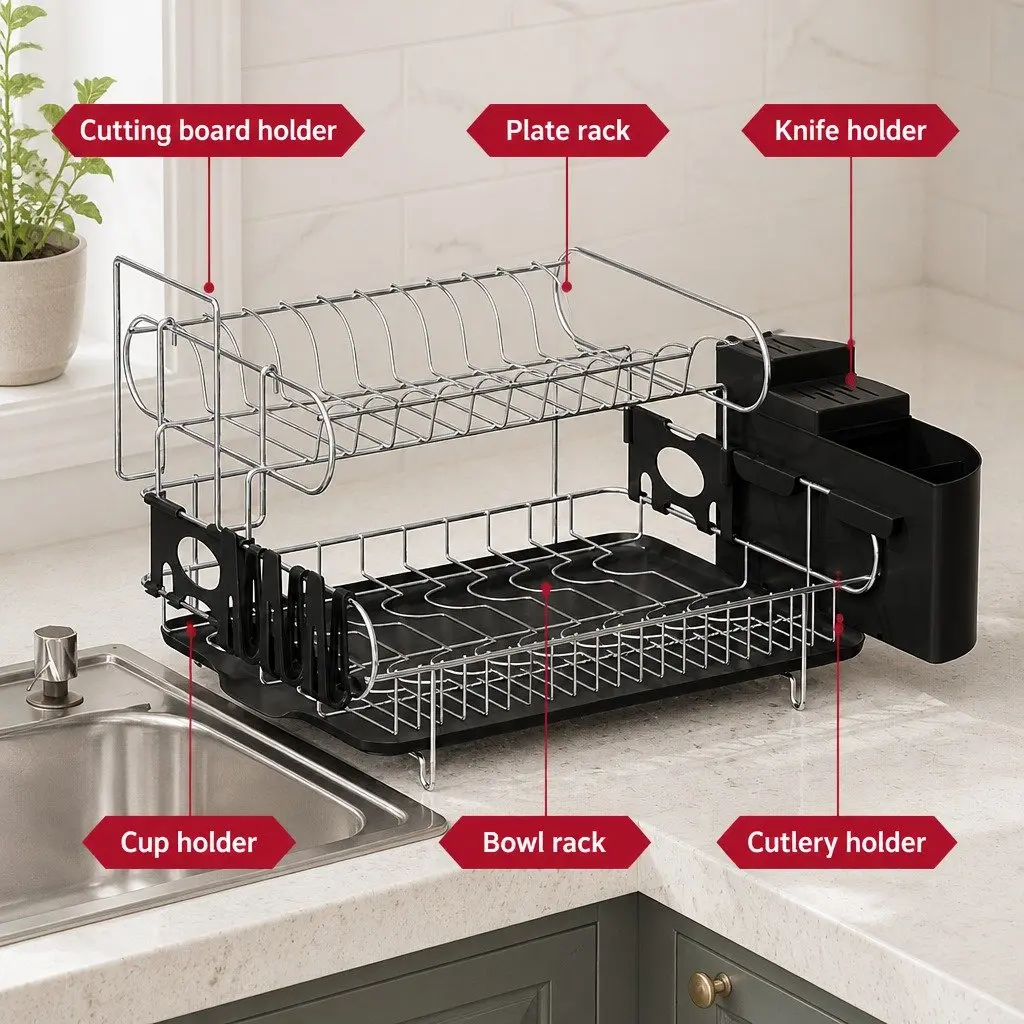 2-Tier Dish Rack Drying Drainer with Cutlery Tray Cup Holder Kitchen Organiser