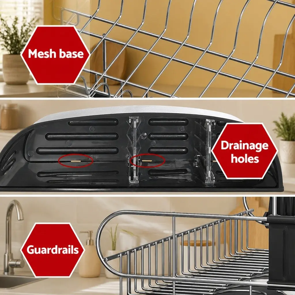 2-Tier Dish Rack Drying Drainer with Cutlery Tray Cup Holder Kitchen Organiser