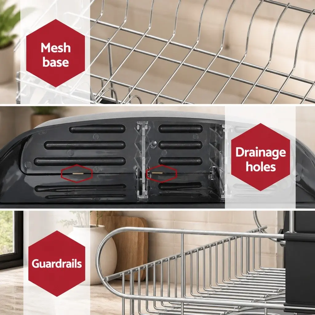 2-Tier Dish Rack Drying Drainer with Cutlery Tray Cup Holder Kitchen Organiser