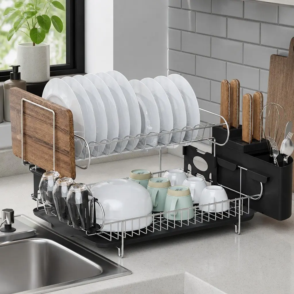 2-Tier Dish Rack Drying Drainer with Cutlery Tray Cup Holder Kitchen Organiser