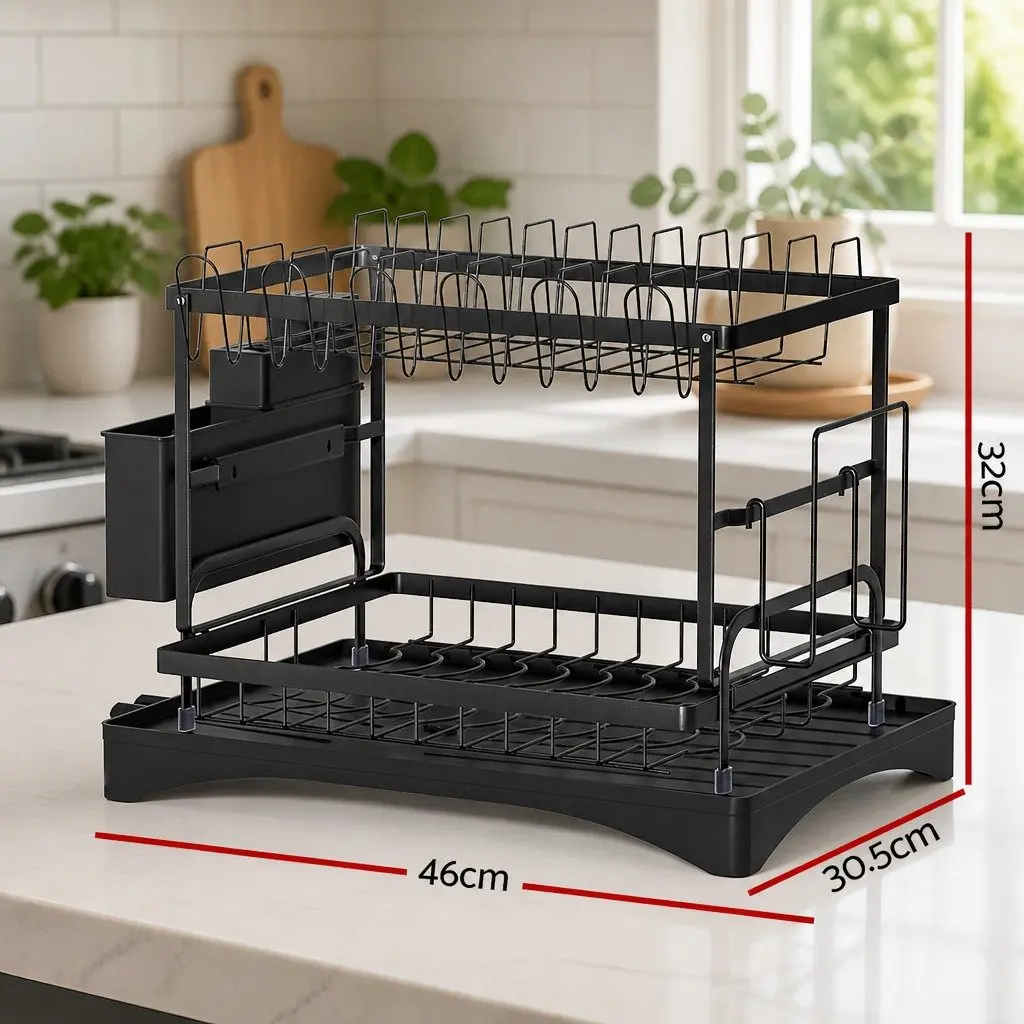 Dish Rack 2 Tier Expandable Drying Drainer with Cutlery Holder Tray Kitchen