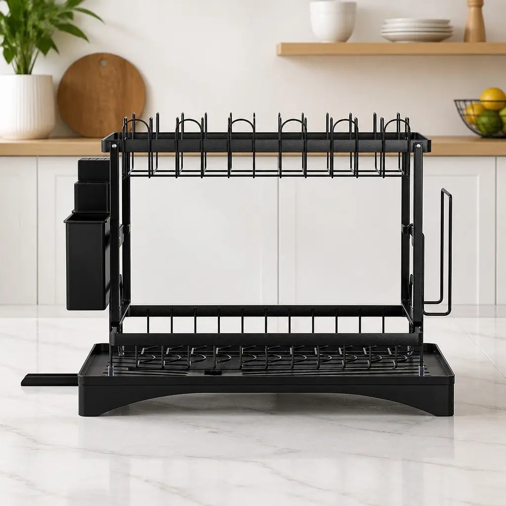 Dish Rack 2 Tier Expandable Drying Drainer with Cutlery Holder Tray Kitchen