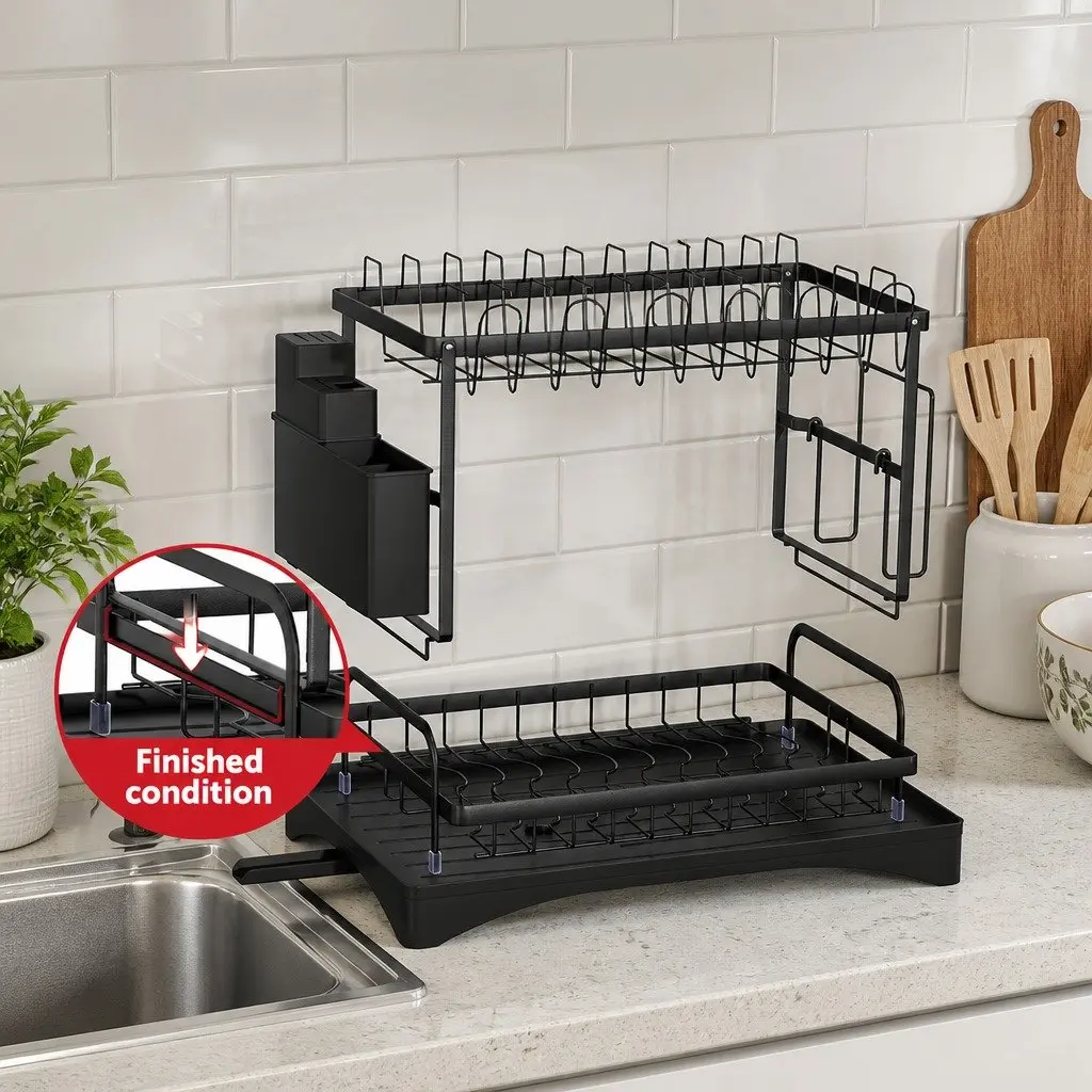 Dish Rack 2 Tier Expandable Drying Drainer with Cutlery Holder Tray Kitchen