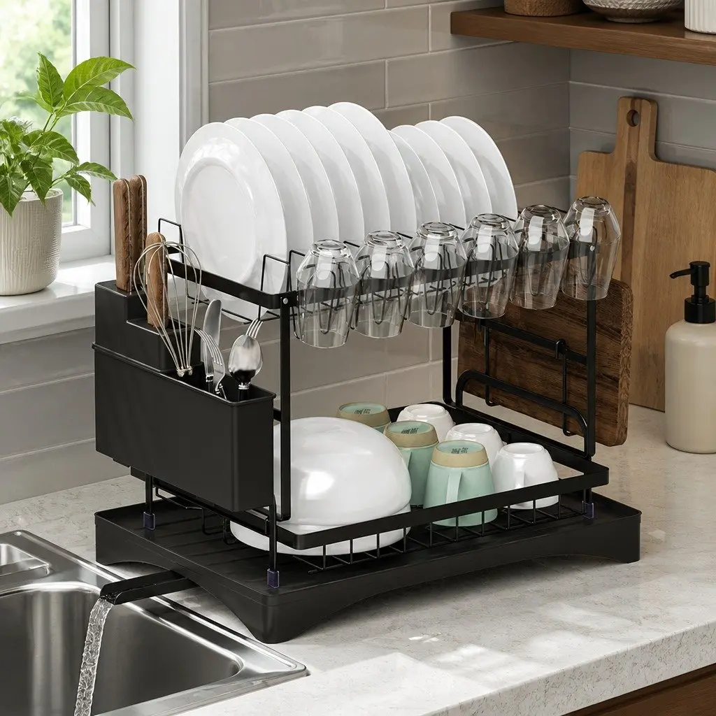 Dish Rack 2 Tier Expandable Drying Drainer with Cutlery Holder Tray Kitchen