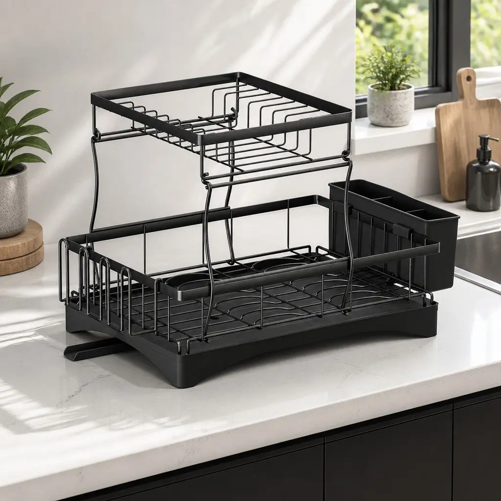 2 Tier Dish Rack Expandable Kitchen Drying Drainer with Cutlery Holder Black
