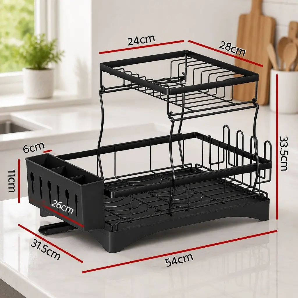 2 Tier Dish Rack Expandable Kitchen Drying Drainer with Cutlery Holder Black