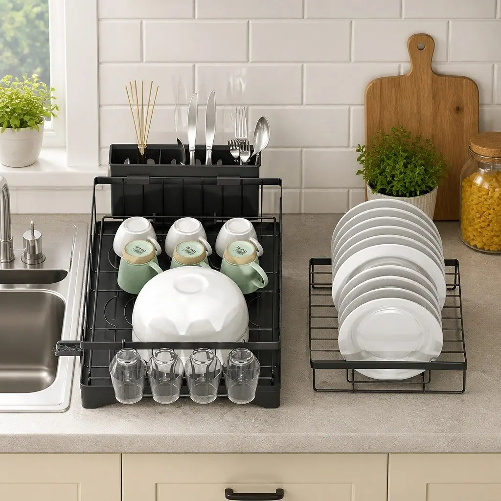 2 Tier Dish Rack Expandable Kitchen Drying Drainer with Cutlery Holder Black