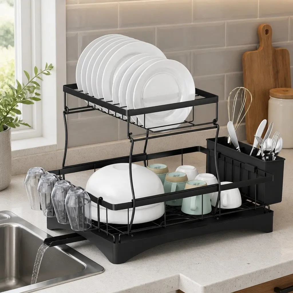 2 Tier Dish Rack Expandable Kitchen Drying Drainer with Cutlery Holder Black