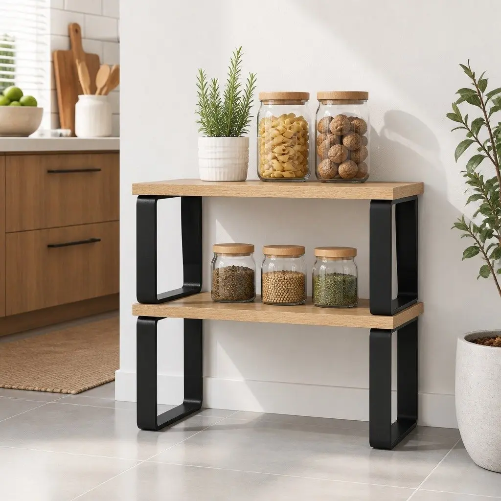 Kitchen Storage Shelves Rack Organiser Set of 2 Pine Wood Metal for Kitchen Office Dressing Room Bathroom