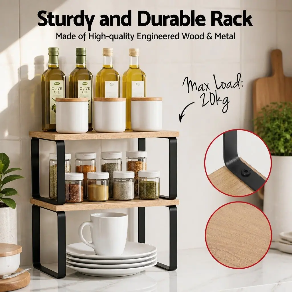 Kitchen Storage Shelves Rack Organiser Set of 2 Pine Wood Metal for Kitchen Office Dressing Room Bathroom