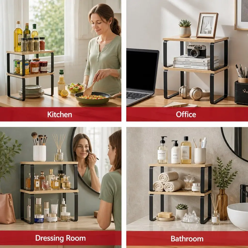 Kitchen Storage Shelves Rack Organiser Set of 2 Pine Wood Metal for Kitchen Office Dressing Room Bathroom