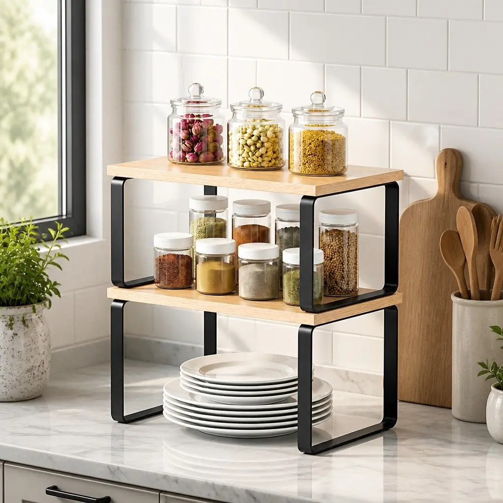 Kitchen Storage Shelves Rack Organiser Set of 2 Pine Wood Metal for Kitchen Office Dressing Room Bathroom