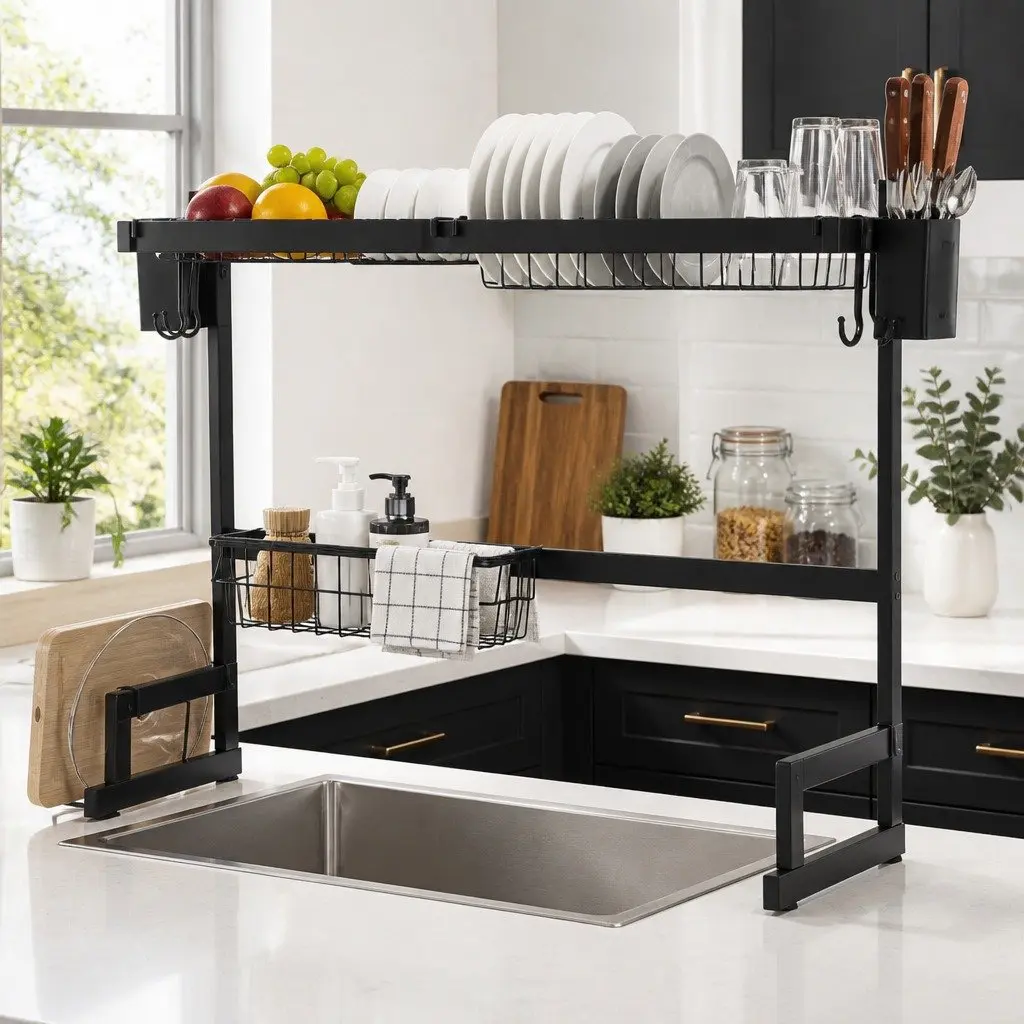 Dish Drying Rack Over Sink Kitchen 2 Tier Black