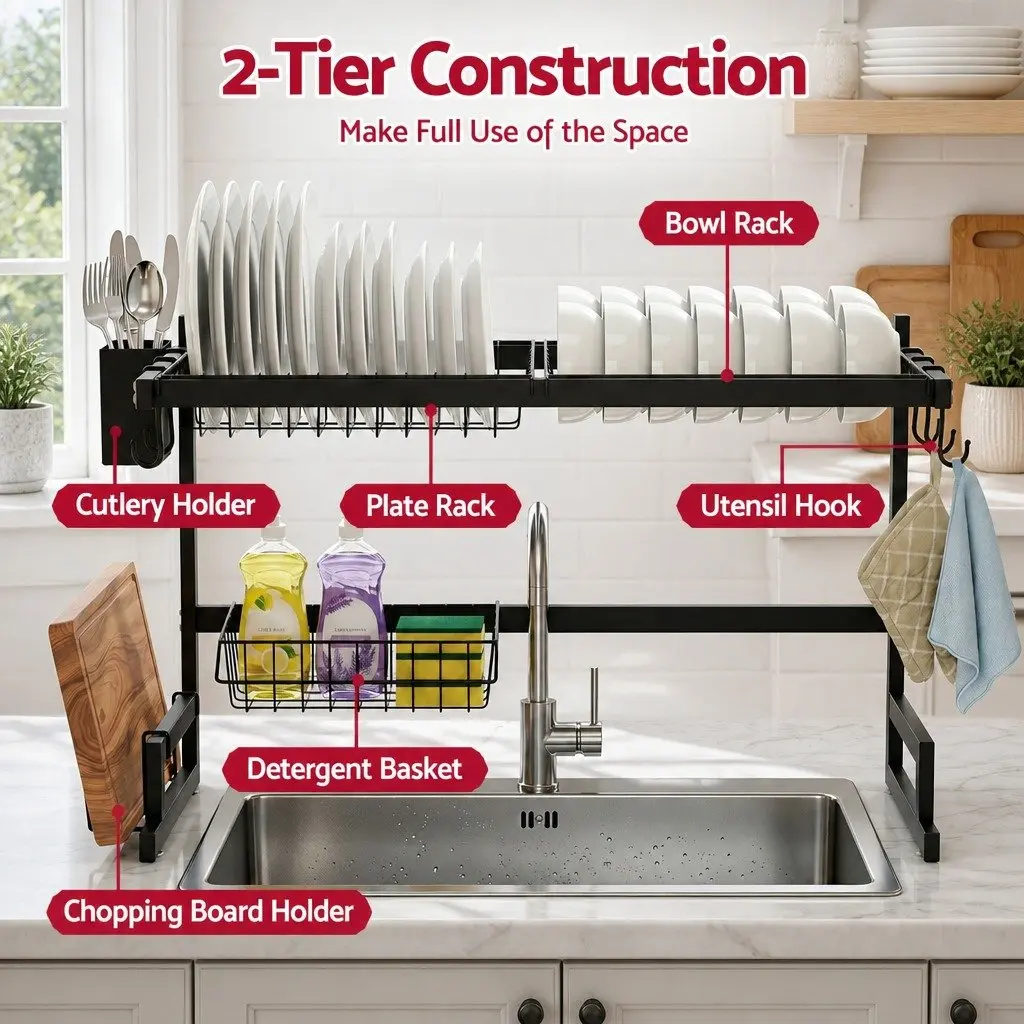 Dish Drying Rack Over Sink Kitchen 2 Tier Black