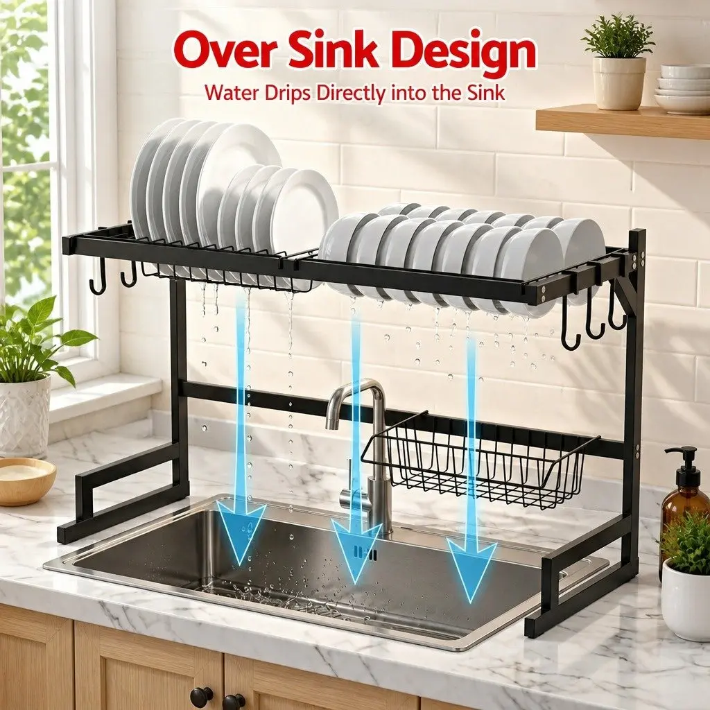 Dish Drying Rack Over Sink Kitchen 2 Tier Black