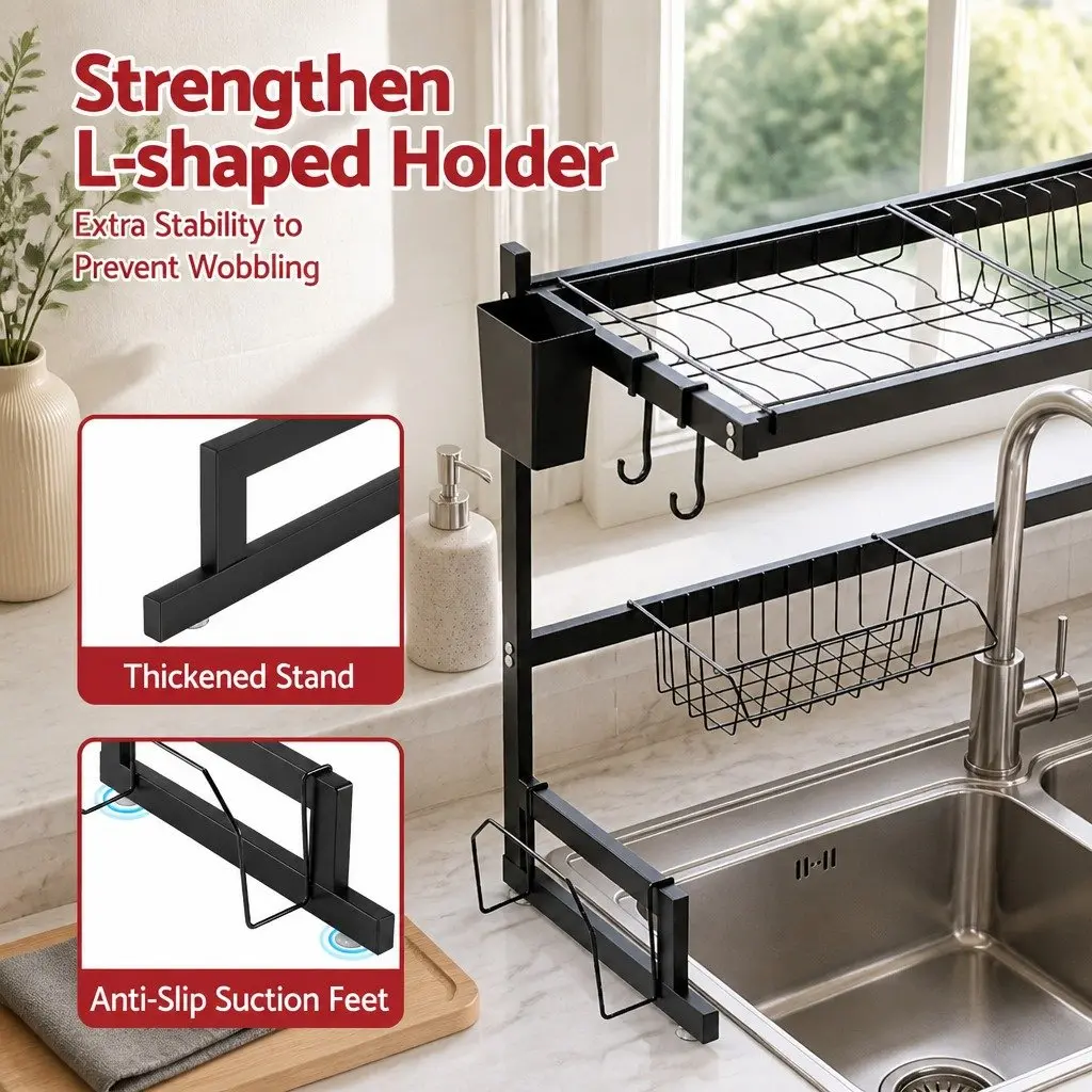 Dish Drying Rack Over Sink Kitchen 2 Tier Black