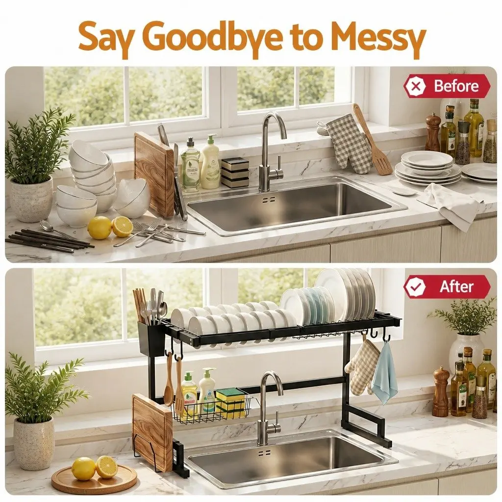 Dish Drying Rack Over Sink Kitchen 2 Tier Black
