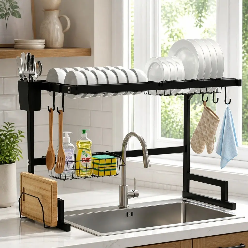 Dish Drying Rack Over Sink Kitchen 2 Tier Black