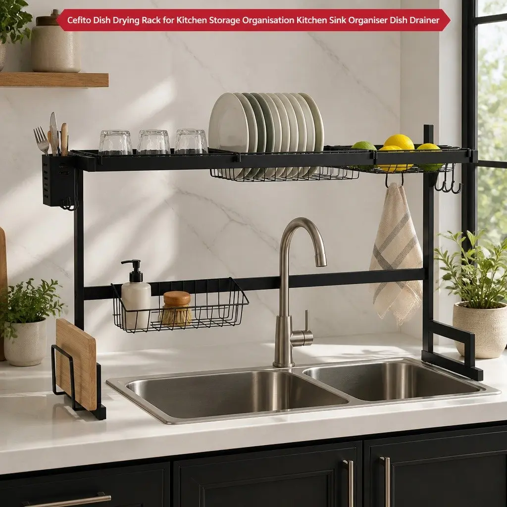 Dish Drying Rack Over Sink Kitchen 2 Tier Black