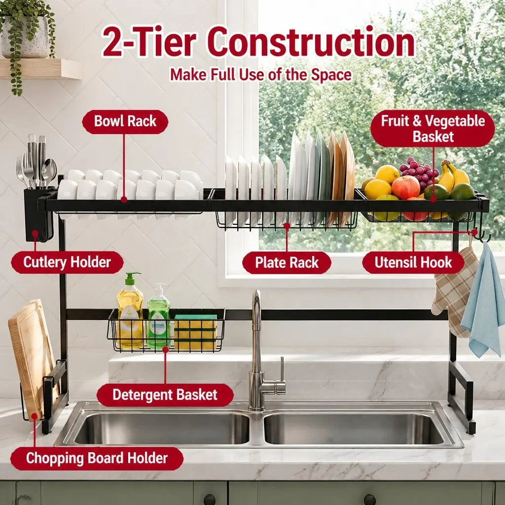 Dish Drying Rack Over Sink Kitchen 2 Tier Black