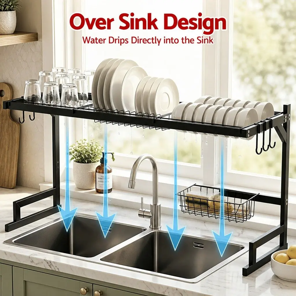 Dish Drying Rack Over Sink Kitchen 2 Tier Black