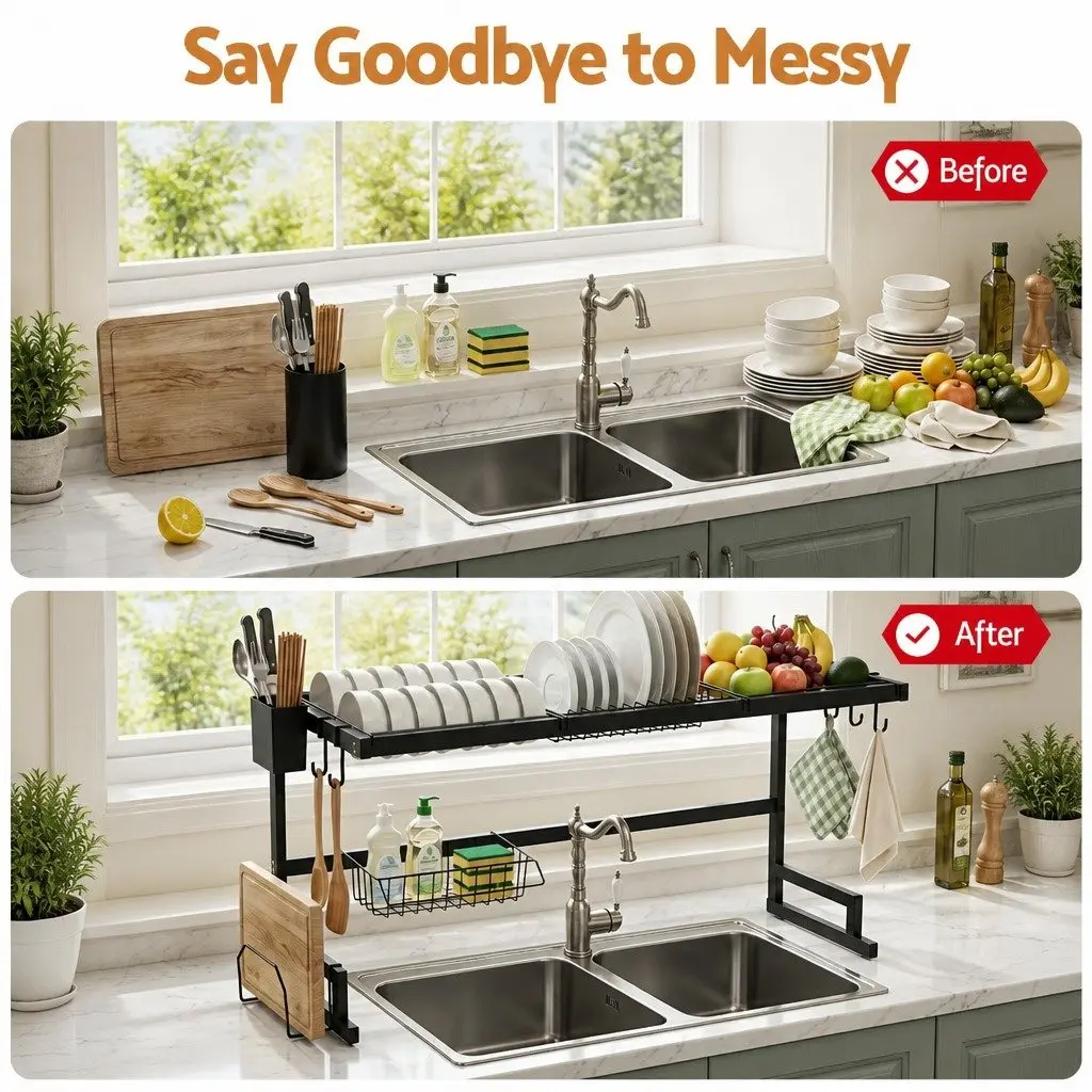 Dish Drying Rack Over Sink Kitchen 2 Tier Black