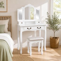 Dressing Table Set with Large Mirror and Padded Stool