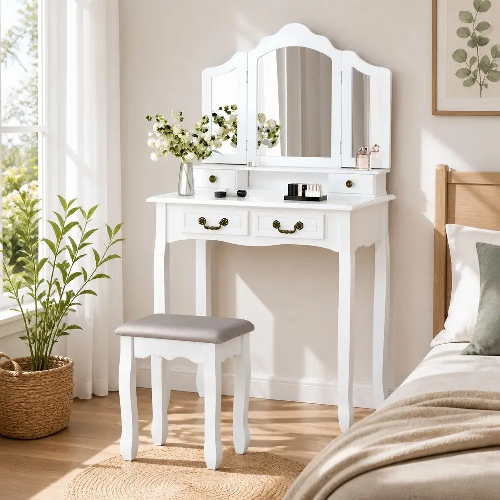 Dressing Table Set with Large Mirror and Padded Stool